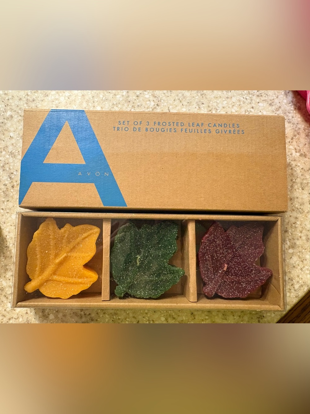 Avon Leaf Candle Trio in Yellow, Green & Burgundy-New in Box!
